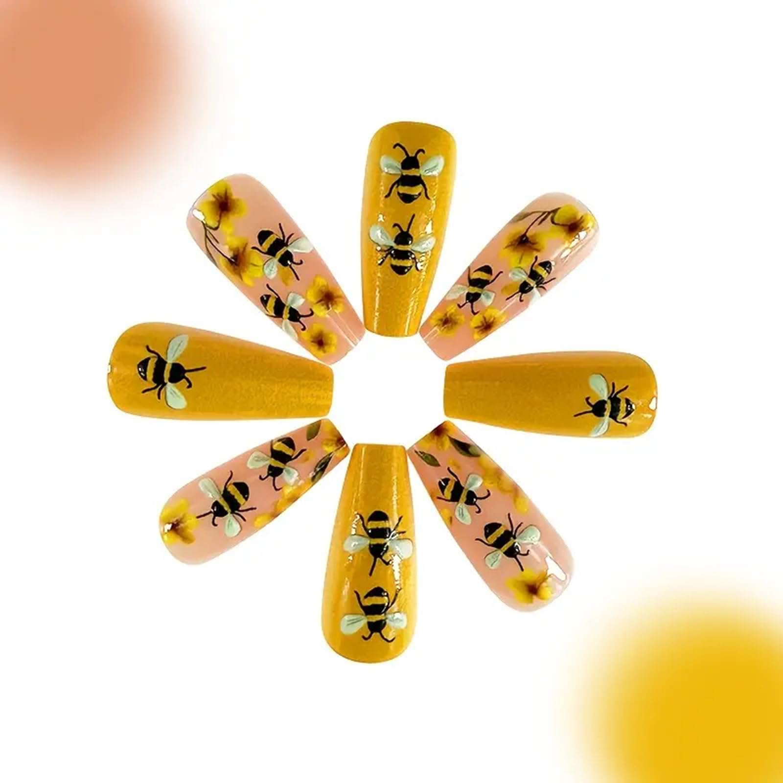 Coffin Press on Nails Yellow Fake Nails Spring Summer False Nails Medium Length Acrylic Nails Full Cover Stick on Nails with Bee Flower Design Cute Glossy Glue on Nails for Women Manicure Decoration - Image 3