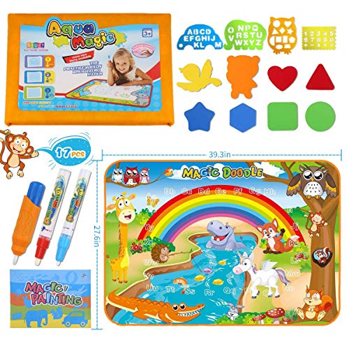 Magic Water Doodle Mat Drawing Mat Multicolor Animal World Theme Toddler Gifts Toys For 2 3 4 Year Old Girls Boys Educational Birthday Gifts Ideal Large Size 39.3 x 27.6 Inch 17pcs Accessories - Thumbnail 5