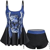 Rosegal Womens Plus Size Skull Rose Wing Print Cinched Boyshorts Tankini Swimsuit Set