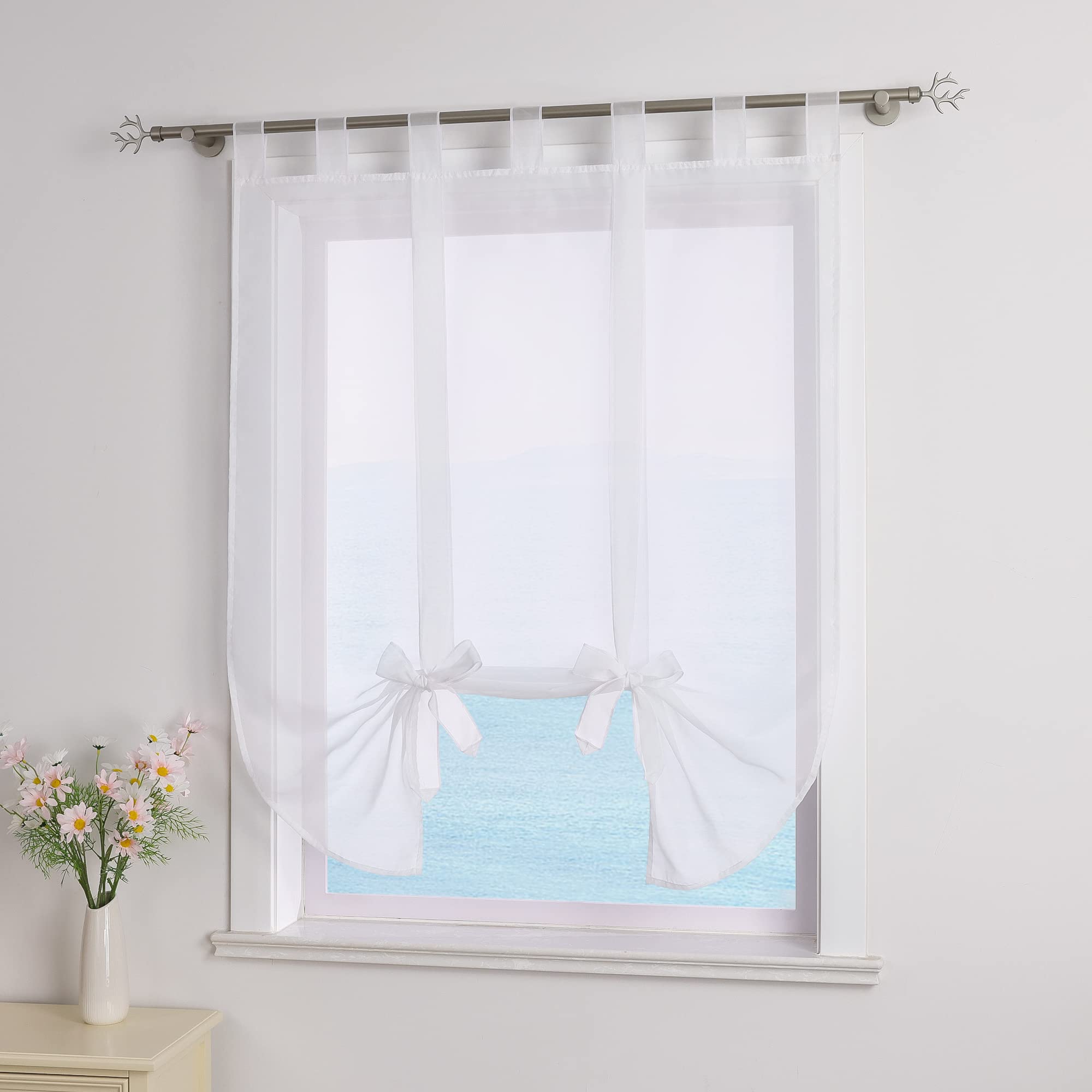 ESLIR Roman blind with loops, Roman curtains, voile curtains, kitchen tie curtain, transparent, loop blind, curtains, modern white, W x H 80 x 140 cm, 1 piece