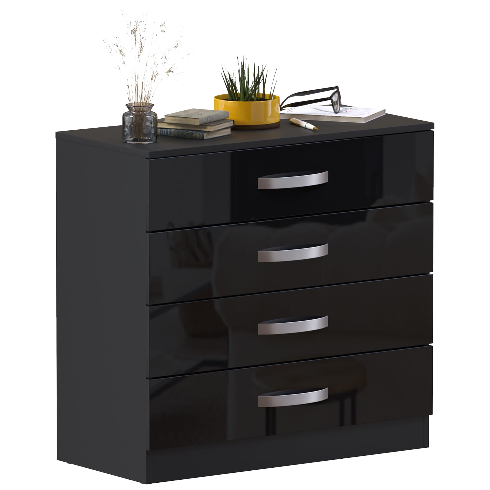 Vida Designs Hulio High Gloss 4 Drawer Chest Of Drawers, Black, 72 x 75 x 36 cm