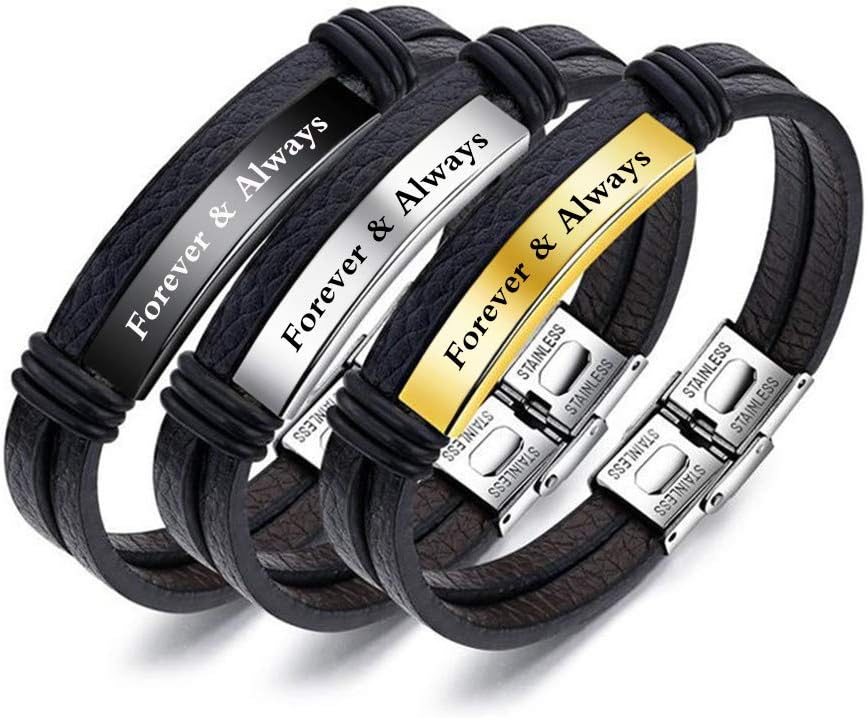 Personalized Mens Black Leather Bracelets Free Engraving 7.6 Inches ID Bracelets Customized for Men Women