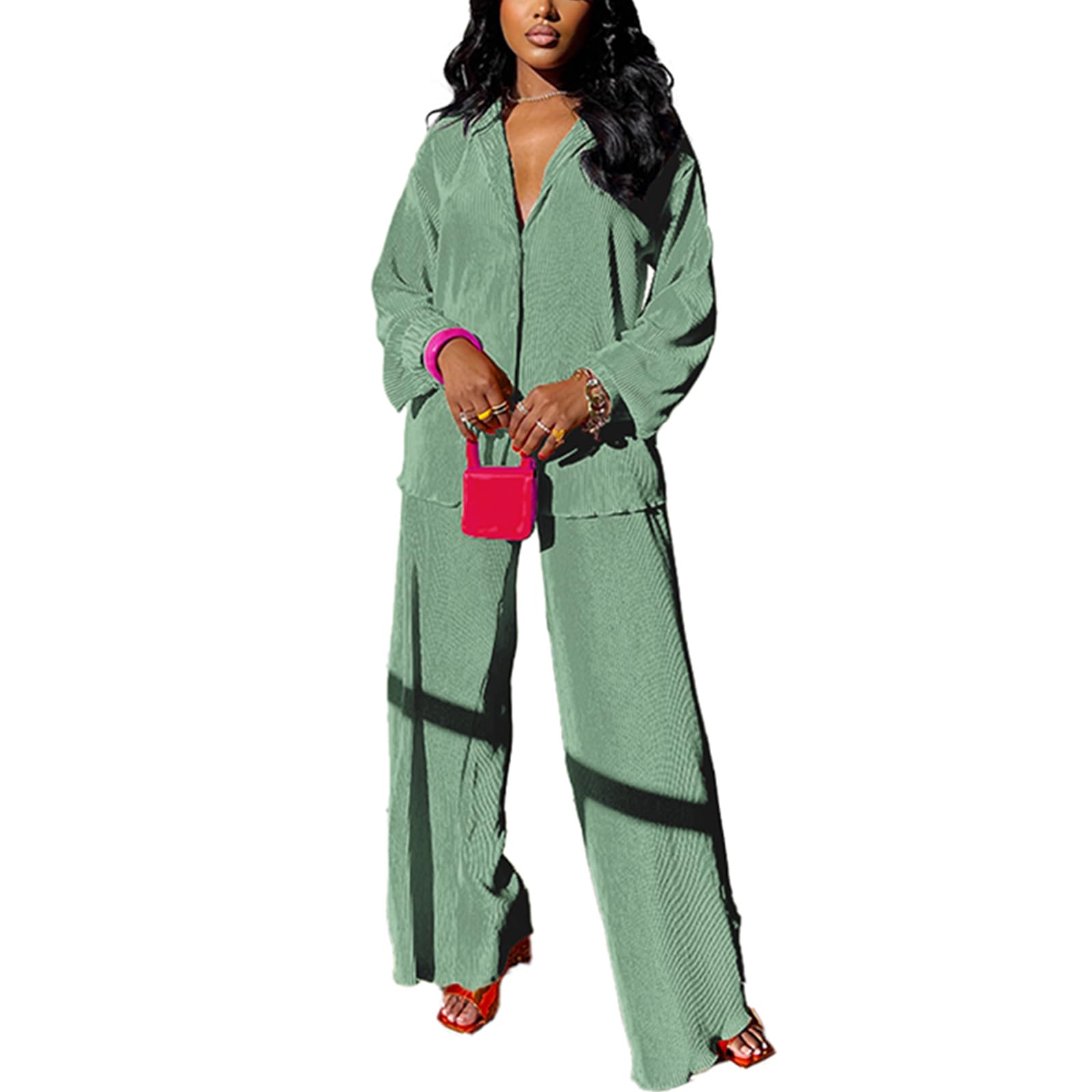 Photo 1 of kaimimei Casual 2 Piece Outfit for Women - Linen Long Sleeve Button Down Shirt + Flare Pleated Wide Leg Pants Sets Streetwear medium