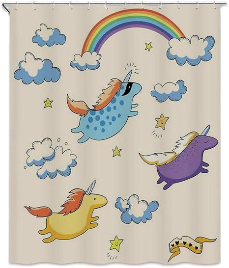 Amazon ユニコーン シャワーカーテン 1 X 180cm いくつかの空飛ぶポニー赤ちゃんのユニコーンのパステルカラーイラスト バスルーム カーテン 防カビ 防水 洗面所 目隠し用 おしゃれ アートワーク マルチ シャワーカーテン ホーム キッチン オンライン通販