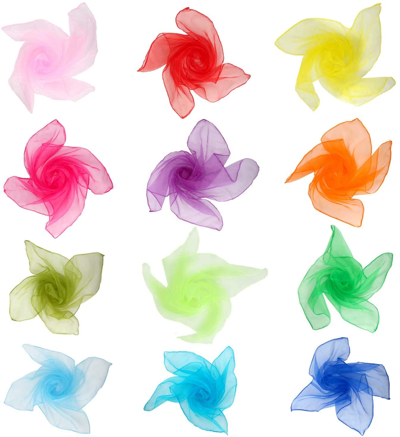Square Dance Scarves, 24 Pcs Juggling Scarf Props Magic Trick Silk Scarves Music Movement Scarf 12 Colors 24 by 24 Inches