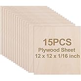 15 PCS Basswood Sheets 12 x 12 x 1/16 inch Basswood Plywood 1.5mm Thick Unfinished Square Wood Pieces Blank Wood Panels for C