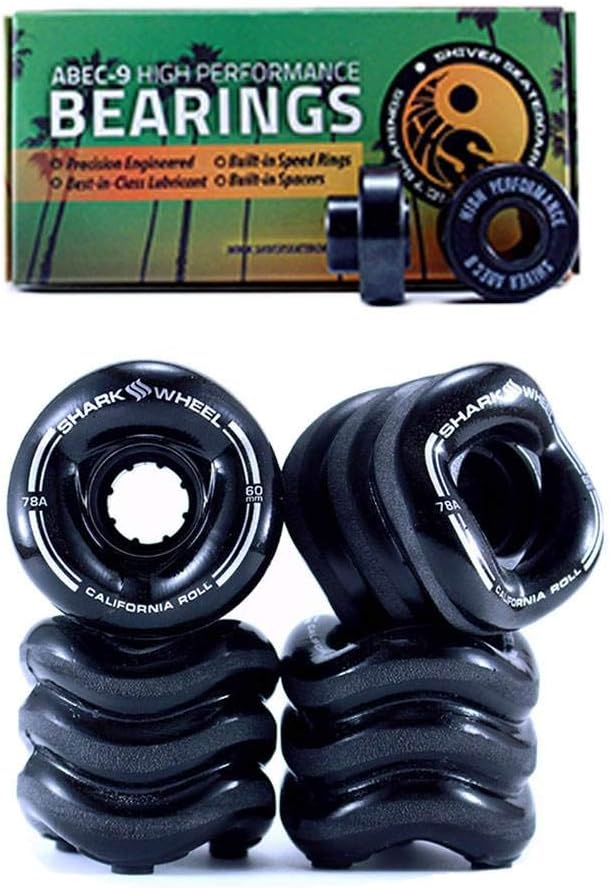 Shark Wheel 60mm, 70mm and 72mm Longboard/Cruiser Wheels (78a) with Free Shiver ABEC 9 Bearings