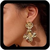 Iaceble Double Flower Earrings Metal Floral Statement Earrings Gold Textured Flower Dangle Earring Exaggerated Floral Metal Earring Jewelry for Women