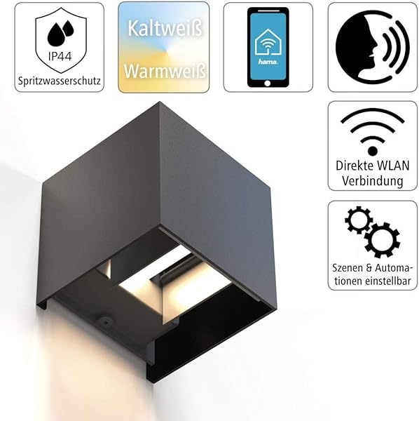 Hama LED Wandleuchte fr innen und auen dimmbare Smart Home Lampe fr Alexa und Google Assistant Sprachsteuerung u per App Auenleuchte mit Schutzklasse IP44 2700K bis 6500K schwarz