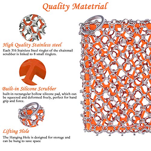 Cast Iron Skillet Cleaner Brush,Premium 316L Stainless Steel Chainmail Cleaning Scrubber Set with Silicone Insert,Kitchen Brush for Sink,Pot, Pan, Pre-Seasoned Pan,Dutch Ovens Waffle Pans Scraper