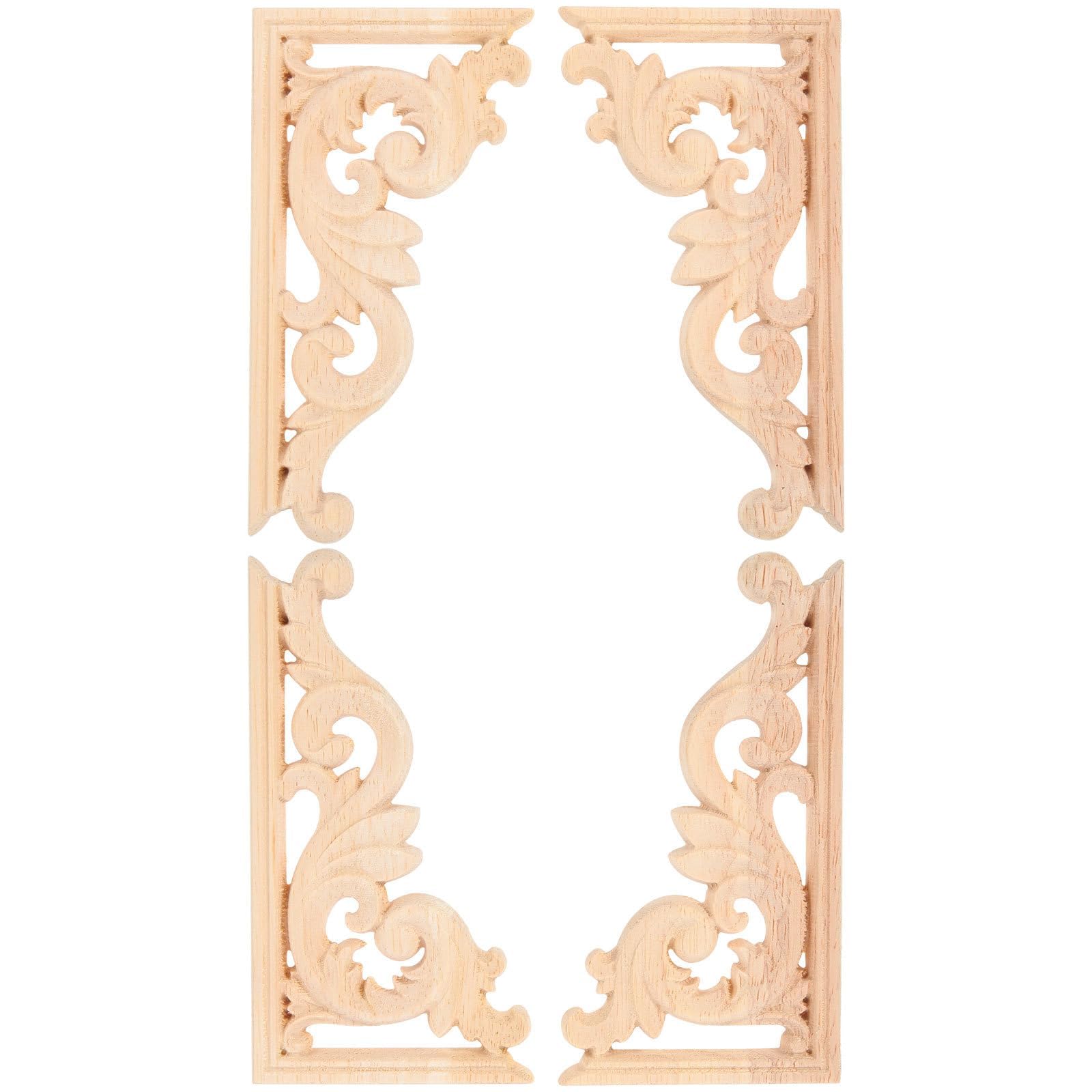 HEALLILY Wood Carved Corner Onlay Unpainted Door Applique for Home Furniture European Decorations 13x7cm 4Pcs