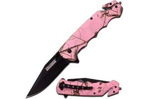 Tac-Force- Folding Pocket Knife – Black Fine Edge Tanto Blade, Pink Camo Coated Aluminum Handle, Rope Cutter, Glass Punch, Pocket Clip, Tactical, EDC, Rescue - TF-499PC