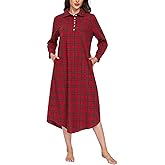 Ryfox Long Flannel Nightgown for Women Long Sleeve Cotton Flannel Nightgowns with Pockets Winter Plaid Midi Night Gowns
