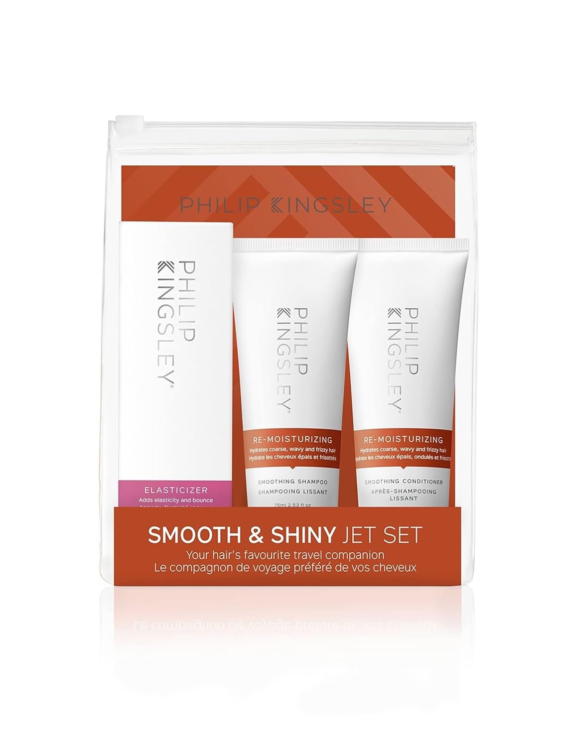 Philip Kingsley | Smooth & Shiny Haircare Travel Set | Includes Re Moisturizing Shampoo and Conditioner and Elasticizer | Hydrates Coarse, Wavy and Frizzy Hair | Hair Travel Essentials | 3 x 75ml
