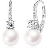 BAMIKI Pearl Drop Dangle Earrings 925 Sterling Silver Cubic Zirconia Leverback Earrings, 8MM Round White/Black/Blue Cultured Pearls Jewelry Gifts for Women Wife Mother
