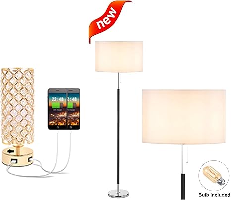 Amazon Com Crystal Gold Lamp With Dual Usb Ports Modern Floor Lamp With Big Drum White Floor Lamp Set Of 2 Table And Floor Lamp Sets Home Improvement