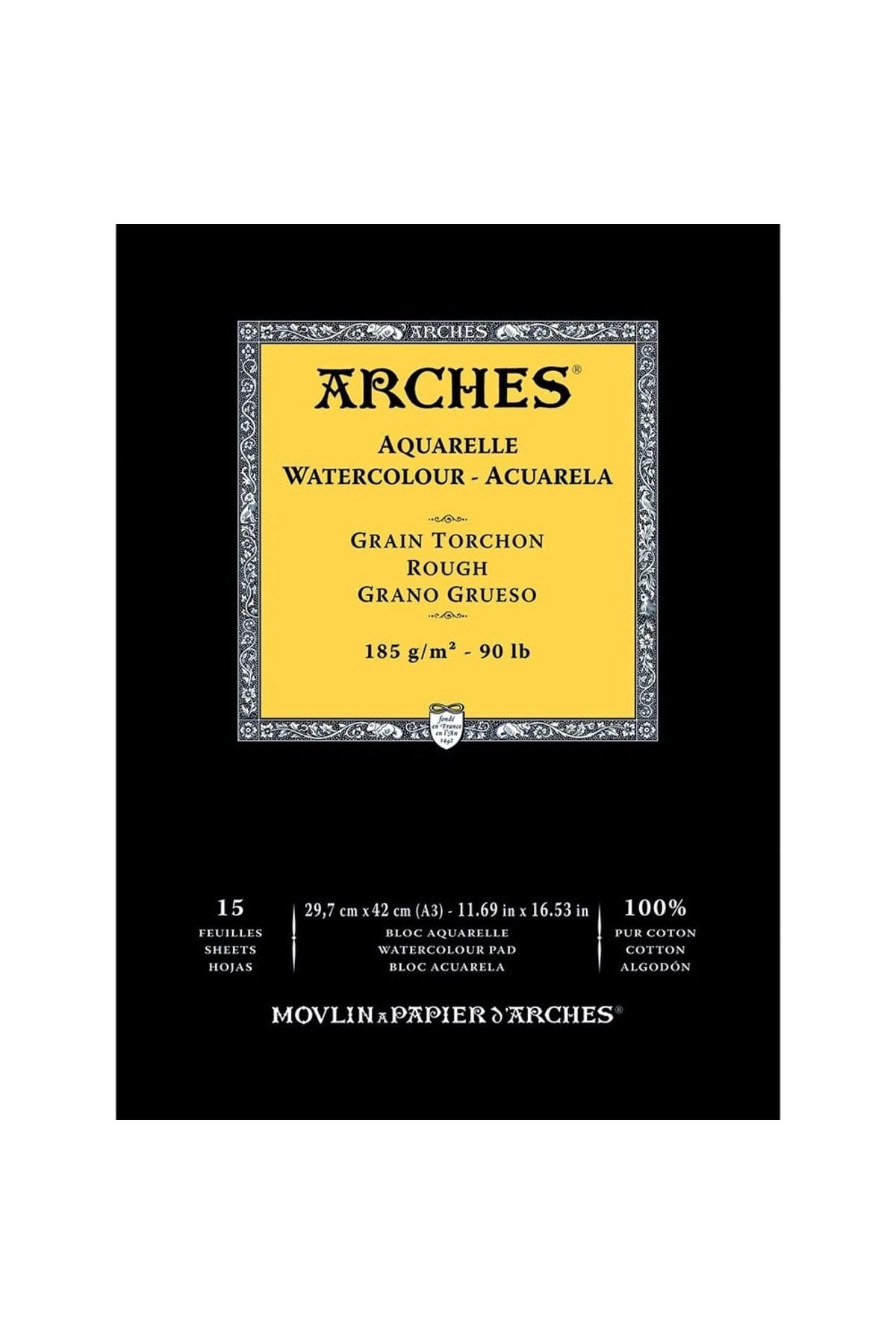 Arches Glued Watercolour Block 1 Side (15 Sheets) – Torchon Grain – Natural White 185 g/m² – A3