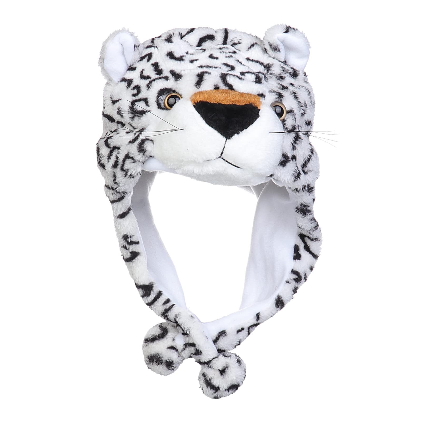 JK Home 2-in-1 Hat with Earflaps Scarf Set Cute Plush Animal Hat Cosplay Costume Headwear Warm Soft Cozy Hats for Kids Adults One Size Novelty Headgear Photo Props Spotted Leopard