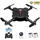 RC Quadcopter Drone with 2.0MP HD Camera Live Video and 2 Batteries Flexible Foldable Aerofoils Headless Mode One Key Return Altitude Hold 3D Flips 2.4G 4CH 6-Axis Gyro Gravity Sensor Helicopter