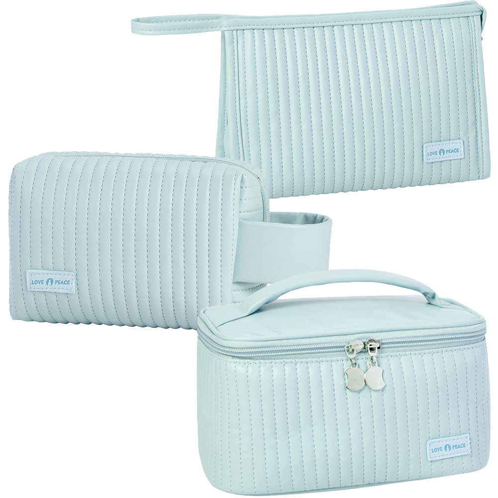 Linpr Makeup Bag 3 Pcs Cosmetic Bags Set, PU Striped Leather Toiletry Bag, Portable Waterproof Travel Makeup Organizer, Cute Make up Bags for Women and Girls (Light Blue)