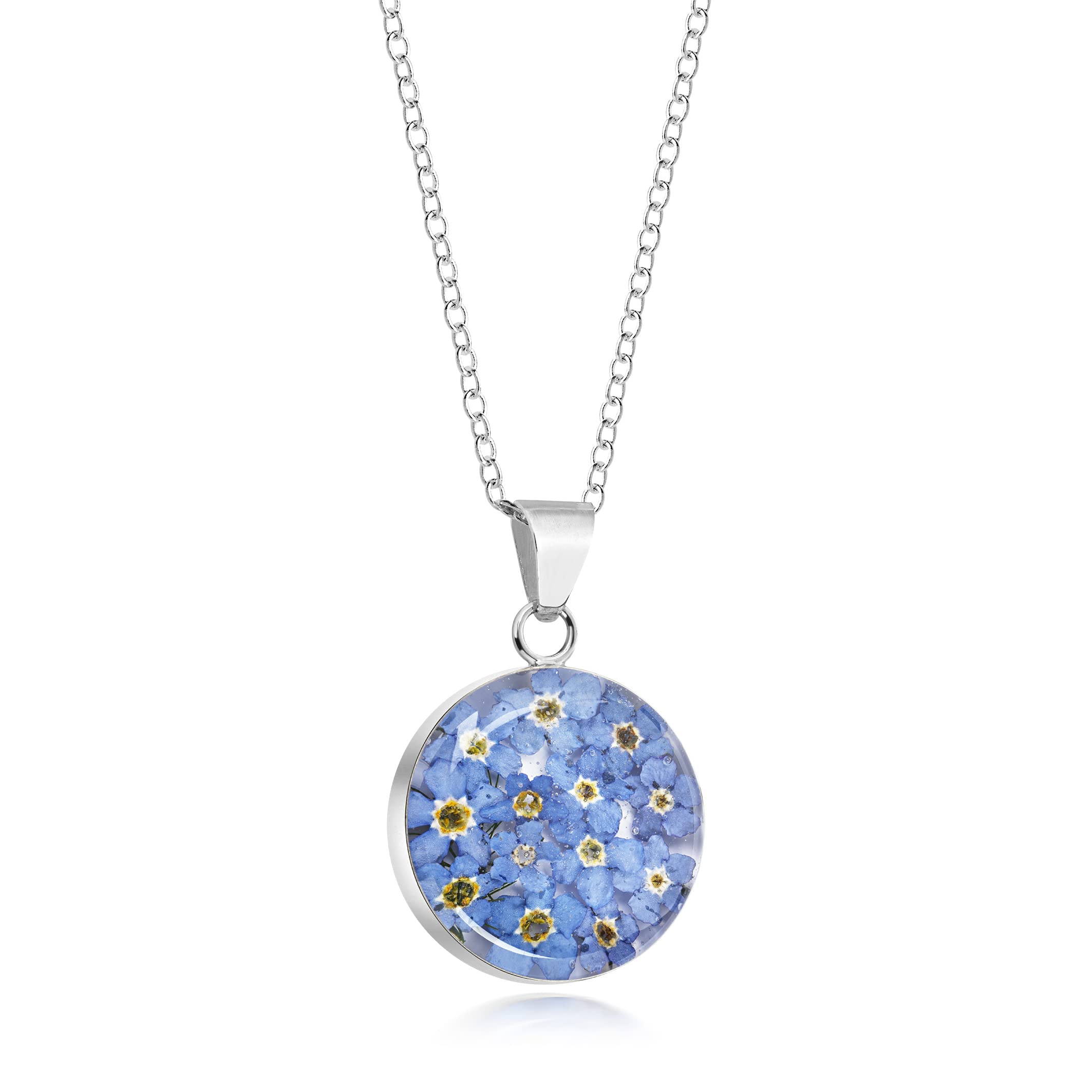 Natural Flower Jewellery Sterling Silver Medium Round Pendant Made With Real Forget Me Nots …