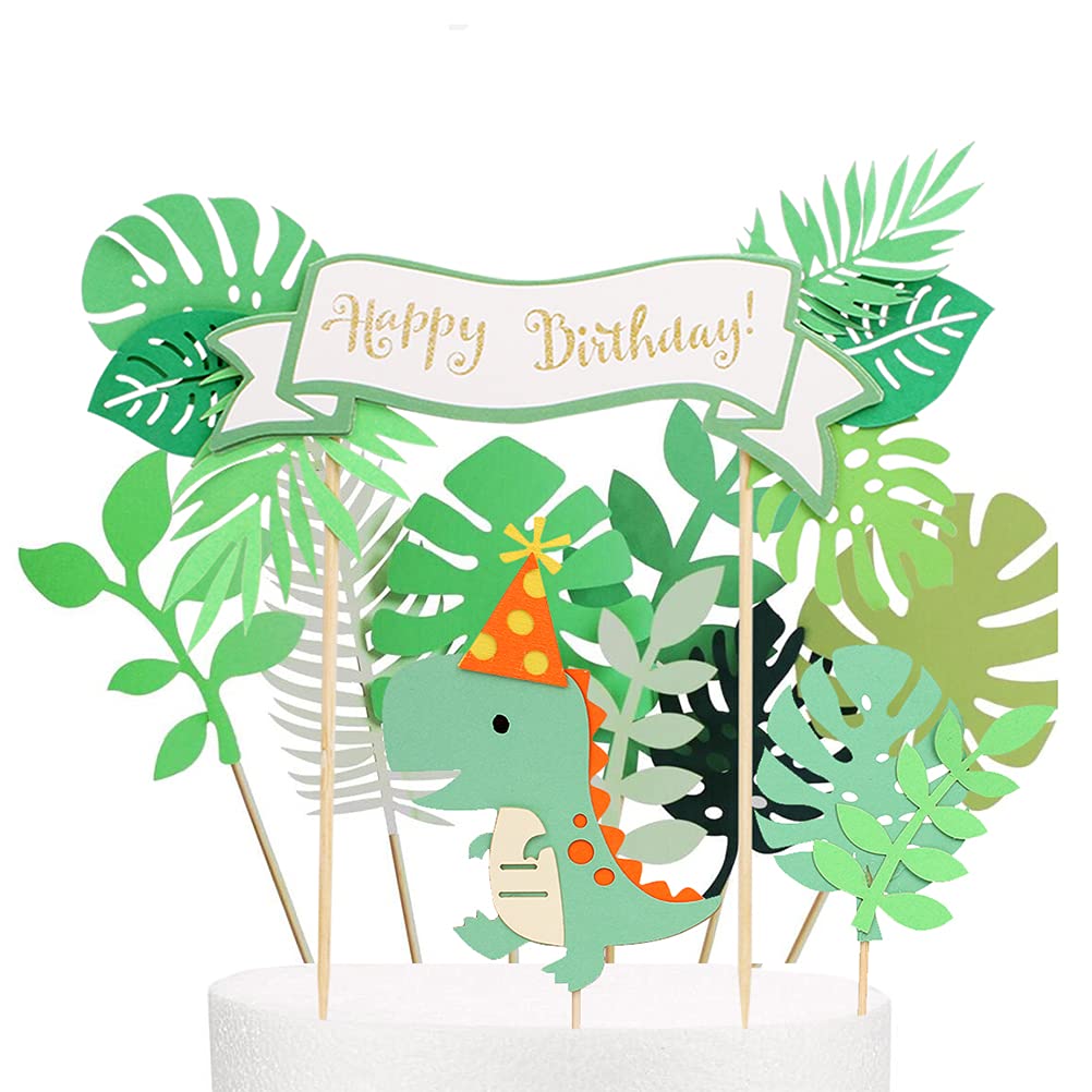 MiaLover 17pcs Dinosaur Cake Toppers Cupcake Dino Cake Topper Green Leaf Cake Decoration Happy Birthday Cake Decoration for Children Boys Party