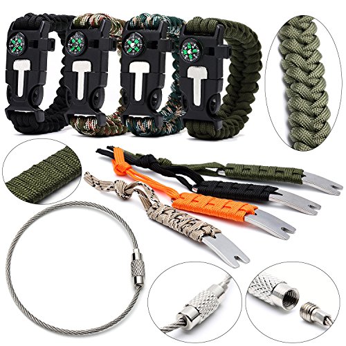 Survival Paracord Bracelet with Compass (4) + Mini Crowbar (4) - Stainless Steel Wire Keychain Cords (20) - Braclet Featurees Flint Fire Starter + Emergency Knife & Whistle