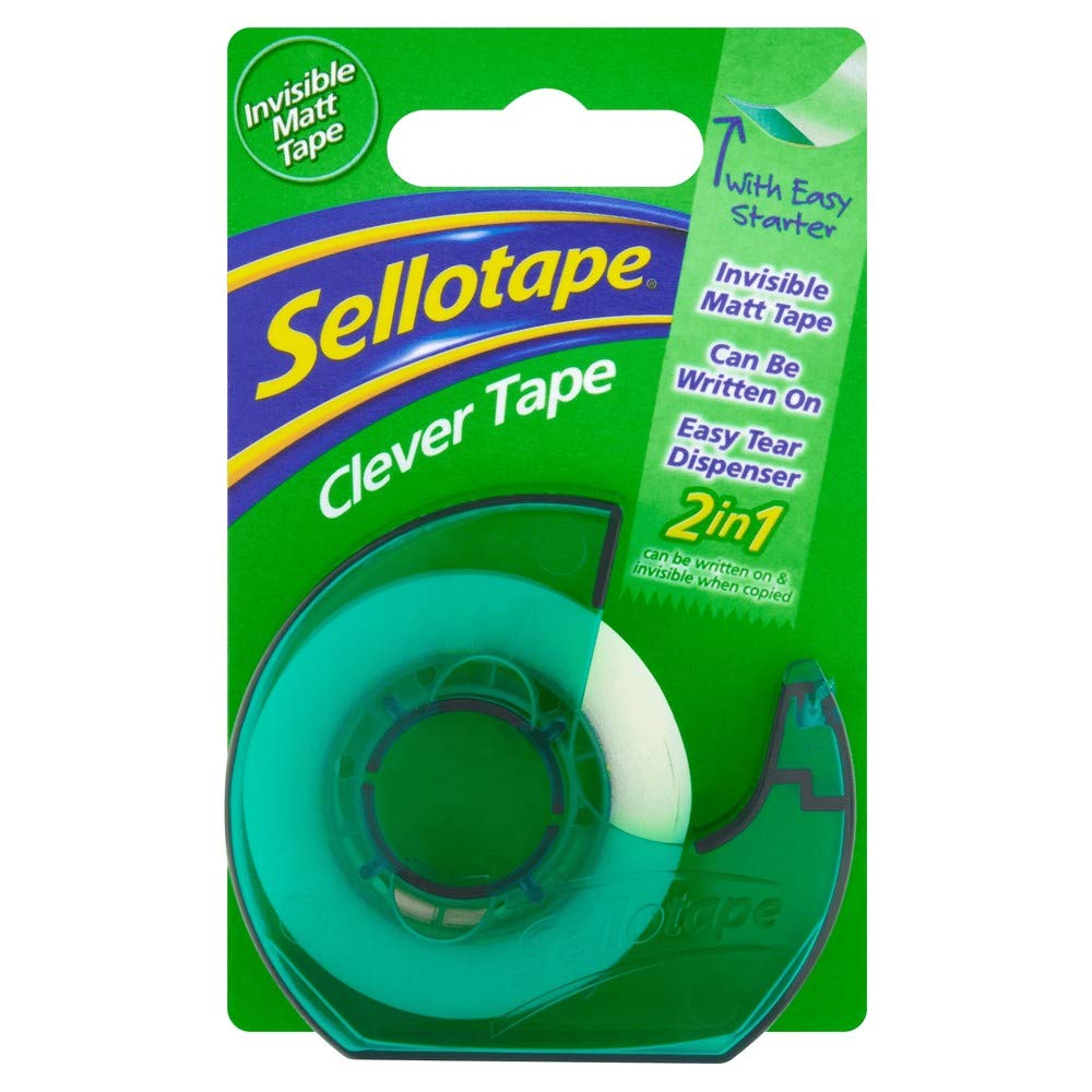 Sellotape Invisible Matt Clever Tape with Dispenser, Photo Safe & Invisible when Photocopied, Ideal for Repairing and Joining Documents, Includes Dispenser & Invisible Matt Tape (18mm x 25m)