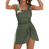 Blooming Jelly Womens One Piece Swim Dress Retro Tummy Control Modest Swimsuit Ruched Wide Strap Square Neck Bathing Suit