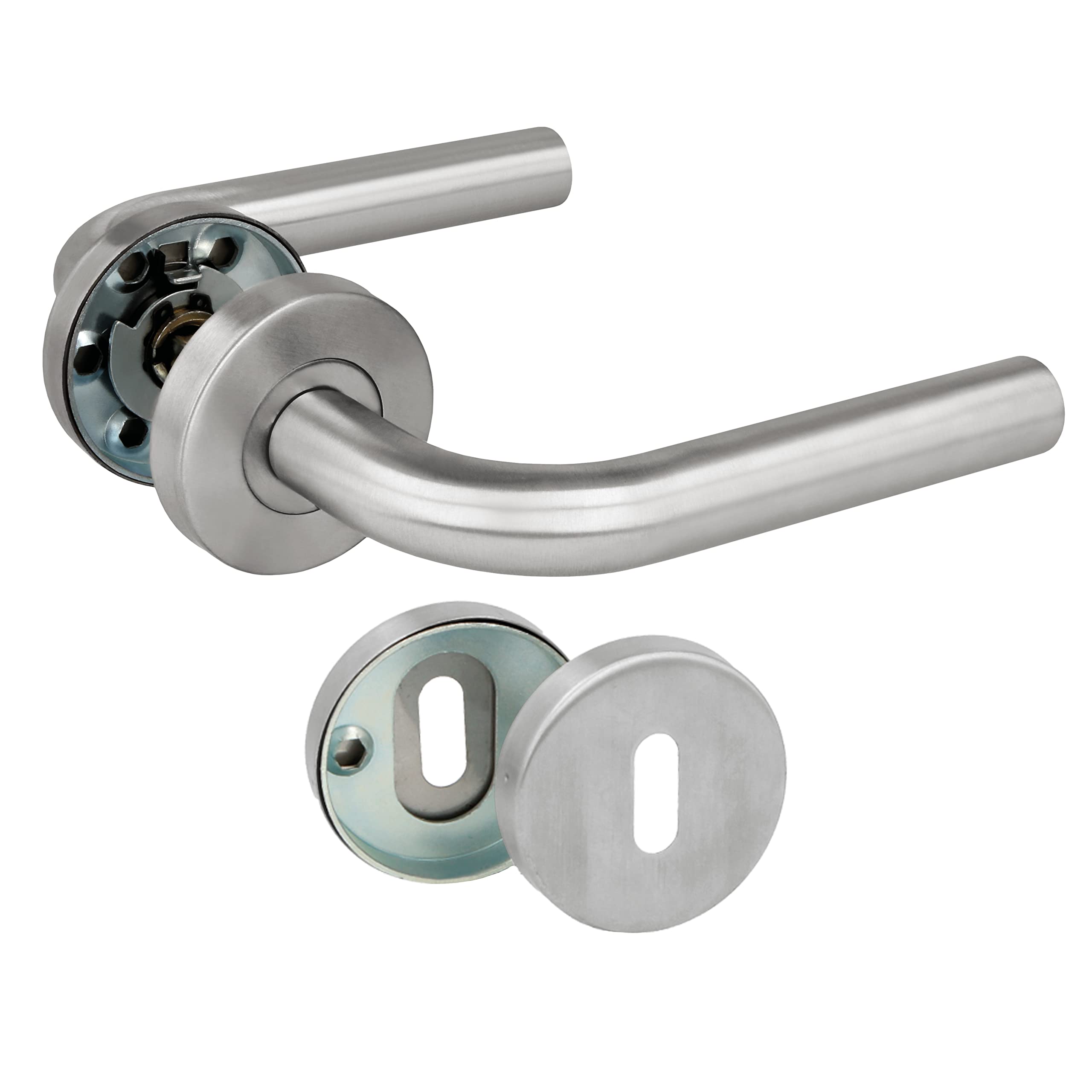 Amig - Set of Handles with Rosette for Doors | Model 4RGX | 135 x Ø19 mm | 8 mm Square | Elegant and Simple Design | Matte Silver Stainless Steel — image 1