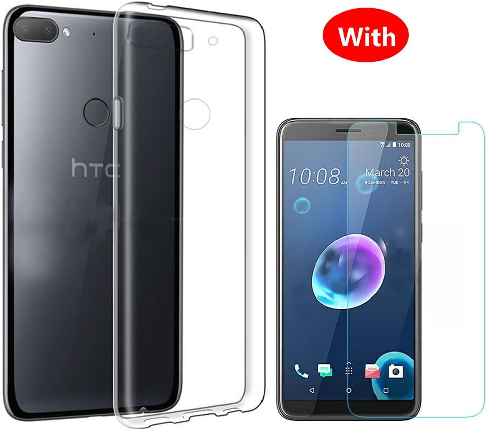 For HTC Desire 12 Plus Case with Screen Protector - Full Coverage Soft Clear Slim Lightweight Protective TPU Case with [2 PACK] Clear 9H Hardness Tempered Glass Screen Protector for HTC Desire 12 Plus