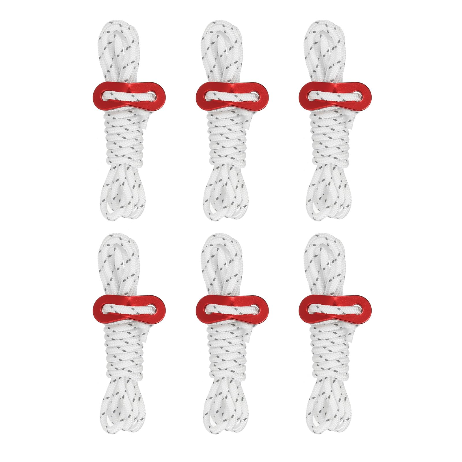 PATIKIL 4mm Tent Rope, 6 Pack 6.5ft Reflective Guyline Cord Tied Downs Rope Paracord Cord Camping Ropes with Red Aluminum Cord Adjusters for Camping Hiking Tent, White