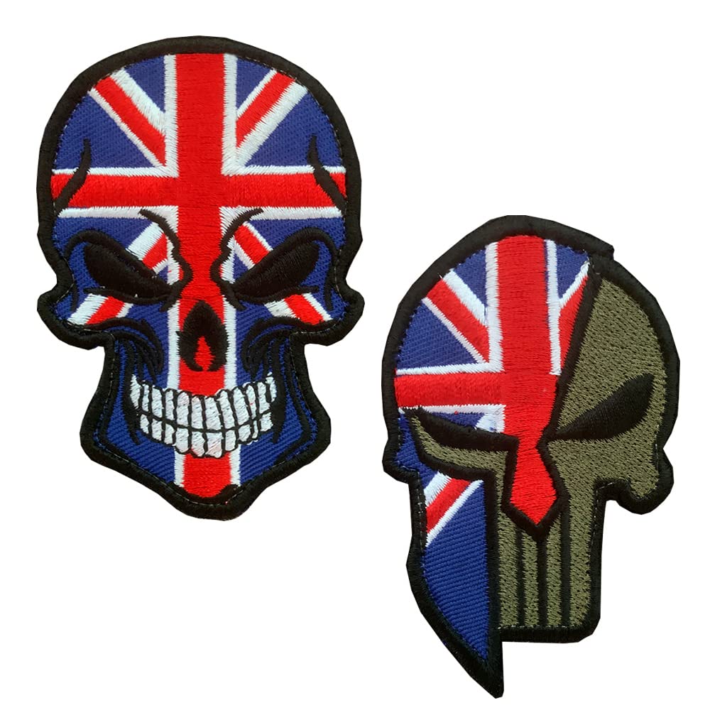 2 Pack Britain UK Flag with Skull Embroidered Tactical Patches Morale Combat Paintball Badge Armband Emblem Applique with Hook and Loop Baking for Backpack Uniform Vest Jacket-3.54x2.36 inch