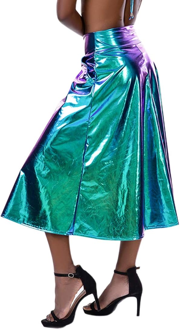 Rebecca Womens Glitter Holographic Skirt Shiny Metallic Midi Skirt Pleated Aline Party Maxi