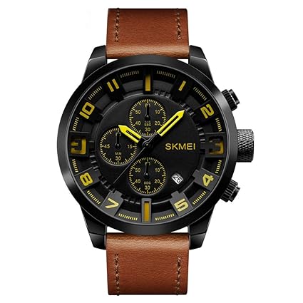 Leather Strap Chronograph Black Dial Mens Sports Wristwatches -1309