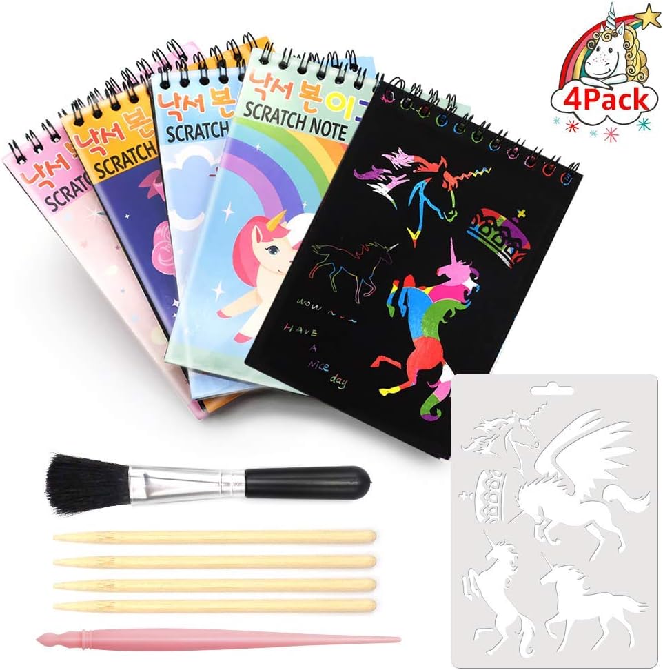 Unicorn Scratch & Sketch Art Activity Kit - Unicorn Scratch Books 4 Pack with Scratch Tools Stencil/Pen/Brush, On the Go Rainbow Mini Scratch Magic Notes Set Arts&Crafts for Kids