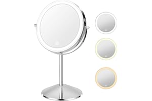 KuMers Lighted Makeup Mirror with Magnification, 10X 8’’Rechargeable Double Sided Vanity Mirror with Lights Magnifying Makeup Mirror with 3 Color Light with 360° Rotation, Detachable Base