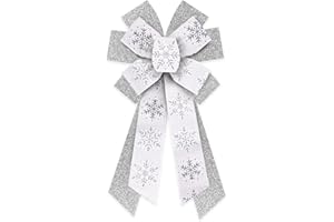 ON-AIRSTORE Large Christmas Wreath Bows, Christmas Glitter Silver Snowflakes Burlap Linen Bows for Wreath, Large Tree Topper Ribbon Bow for New Year Indoor Outdoor Xmas Party Decoration Wreath Ornament Supplies
