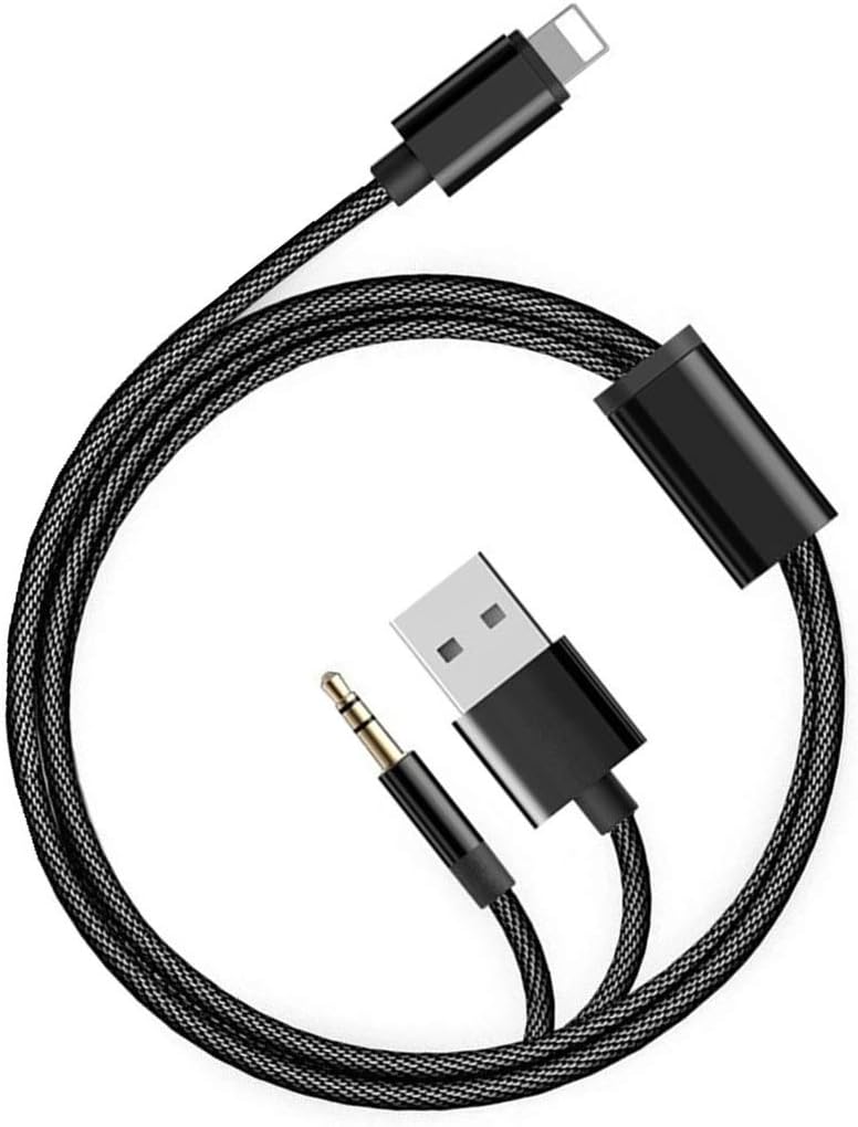 [Upgraded ] Cable to Charge and Play Music Simultaneously in Car or at Home Compatible with iPhone 7 8 X Xs Max XR Car AUX Audio Cable 2 in1 Charging and Audio Cable Nylon Braided Black 3.94 Feet