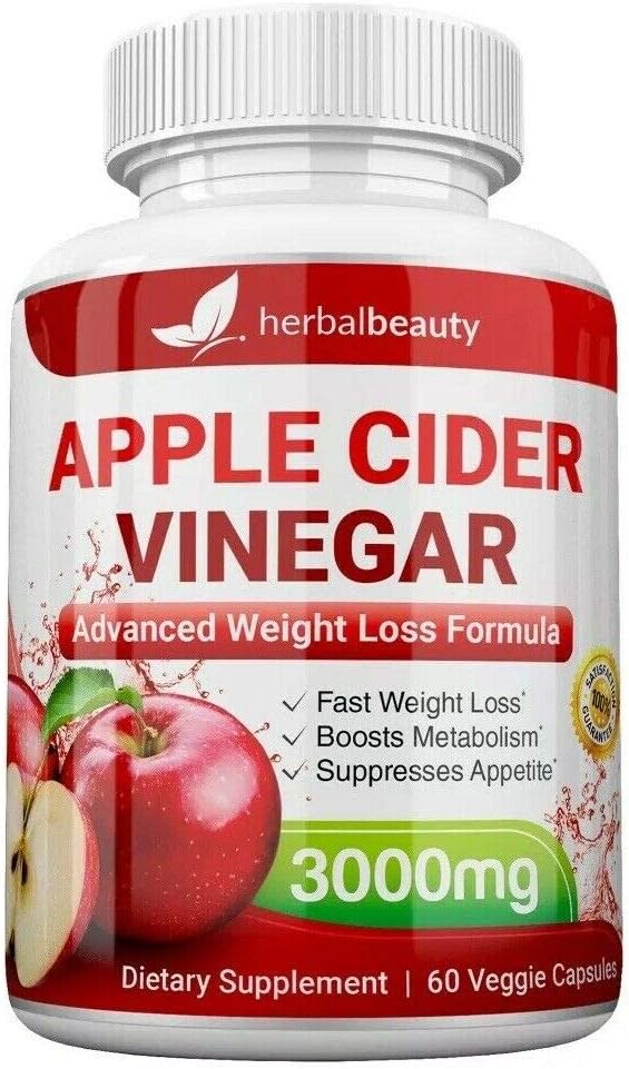 High Strength Raw Apple Cider Vinegar Capsules 3000mg Pure Weight Losss and Detox 60 caps USA