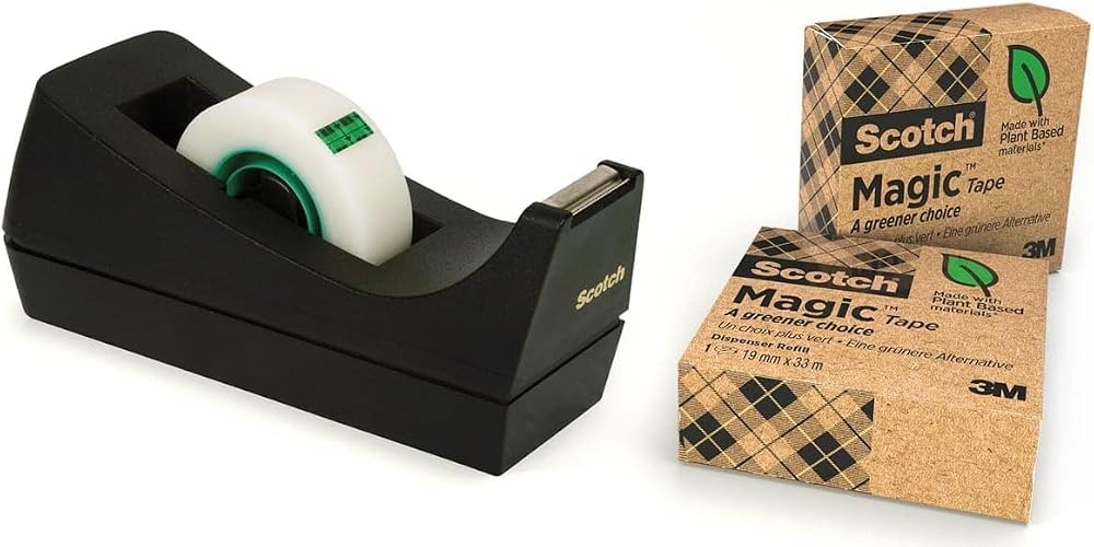 Scotch Magic Tape Dispenser 100% Recycled Plastic Black Includes 3 Rolls 19mm x