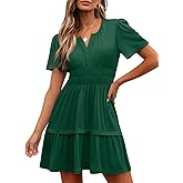 LUXVEER Womens Summer Mini Dress Casual Short Sleeve V Neck Smocked Waist Sundress Flowy Tiered Short Beach Vacation Dresses