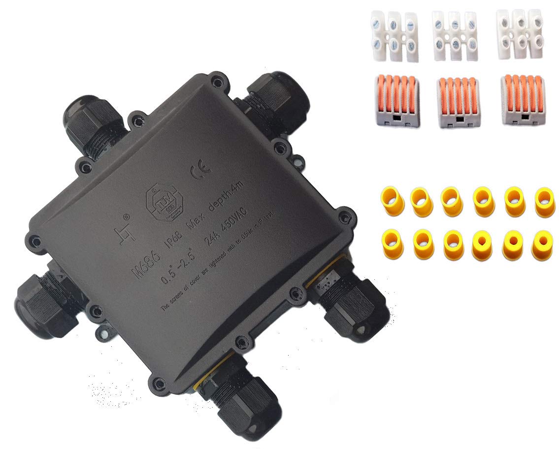 Sucre Auxiliary ® 24A 450V 5 Way IP68 Waterproof Electrical Cable Wire Connector Junction XL Size Box 4-14mm Cable Range (5 Way)