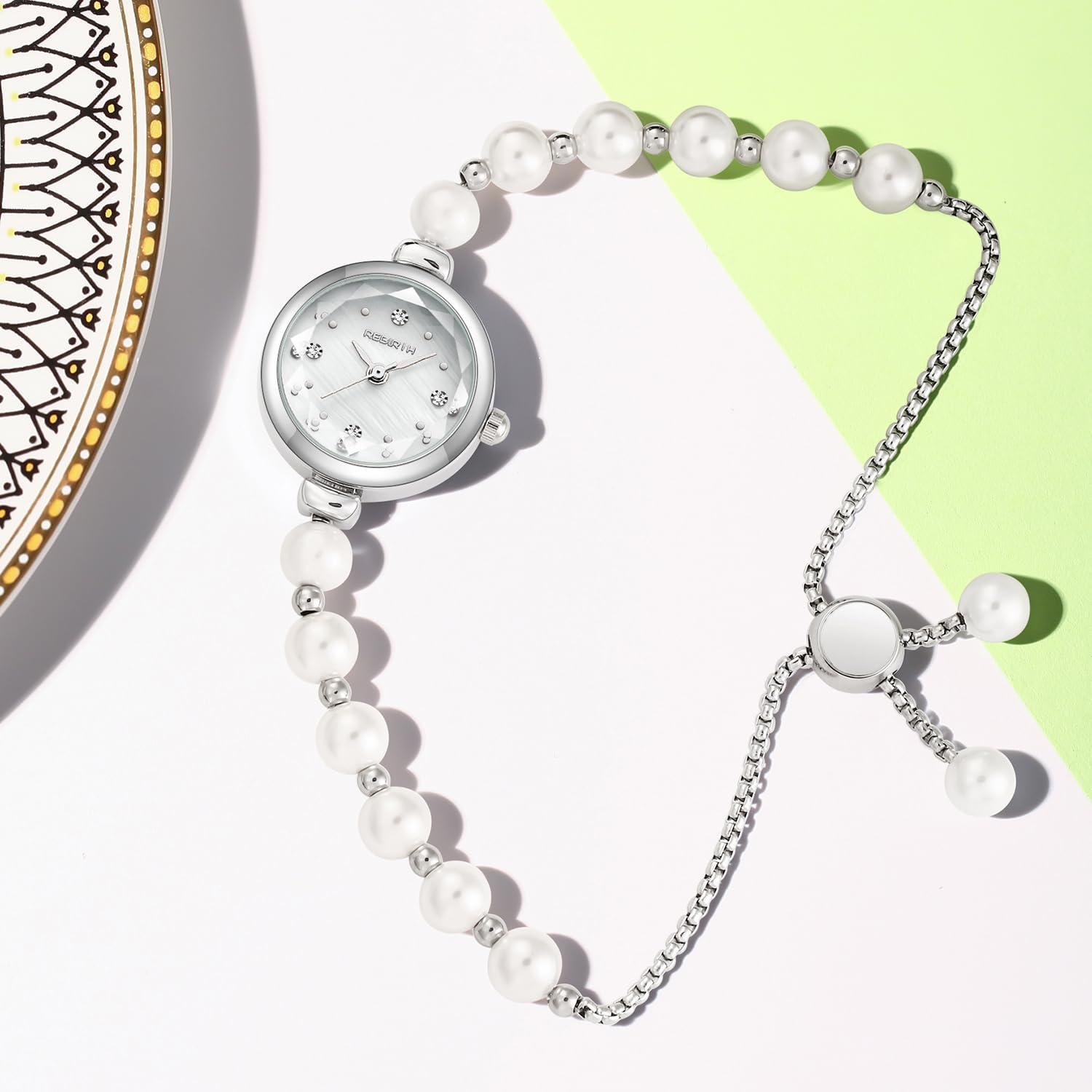 Reginald Elegant Pearl Silver Watch for Women's Dress Fashion Round dial Women Analog Quartz Watch Woman Pearl Bracelet Wirstwatch