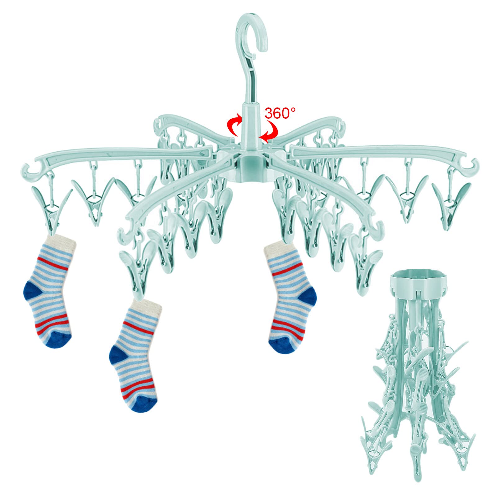 GmeDhc Sock Dryer, 24 Peg Sock Hanger for Washing Line, Hanging Rotable Sock Drying Racks, Folding Sock Hangers with Clips for Underwear Socks Lingerie Baby Clothes (green) — image 1