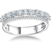 RANDES Women's Half Eternity Band 5mm Thick Double Band Ring Sterling Silver Gemstone Diamond Anniversary Ring Stackable Birthstone Rings Size 6-10 (with Gift Box)