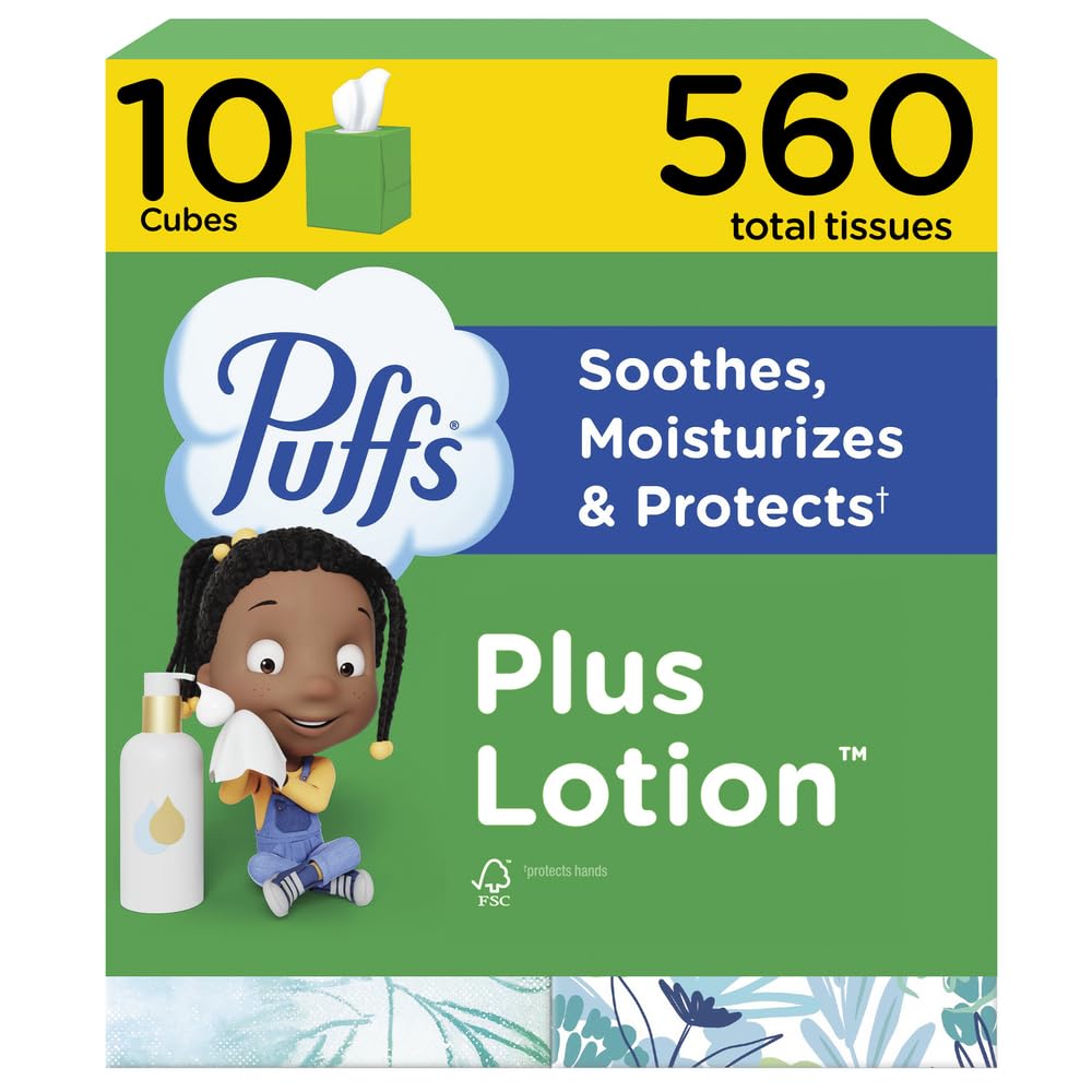 Puffs Facial Tissues Plus Lotion, 10 Cube Boxes, 56 Facial Tissues per Box, Allergies and Colds (Packaging May Vary)