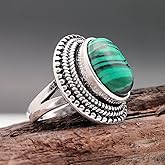 SUKKCCNO Natural Stone Rings for Women Vintage Sterling Silver Oval Cut Malachite Green Gemstone Solitaire Rings Boho Statement Jewelry Gift Size 6-10 9