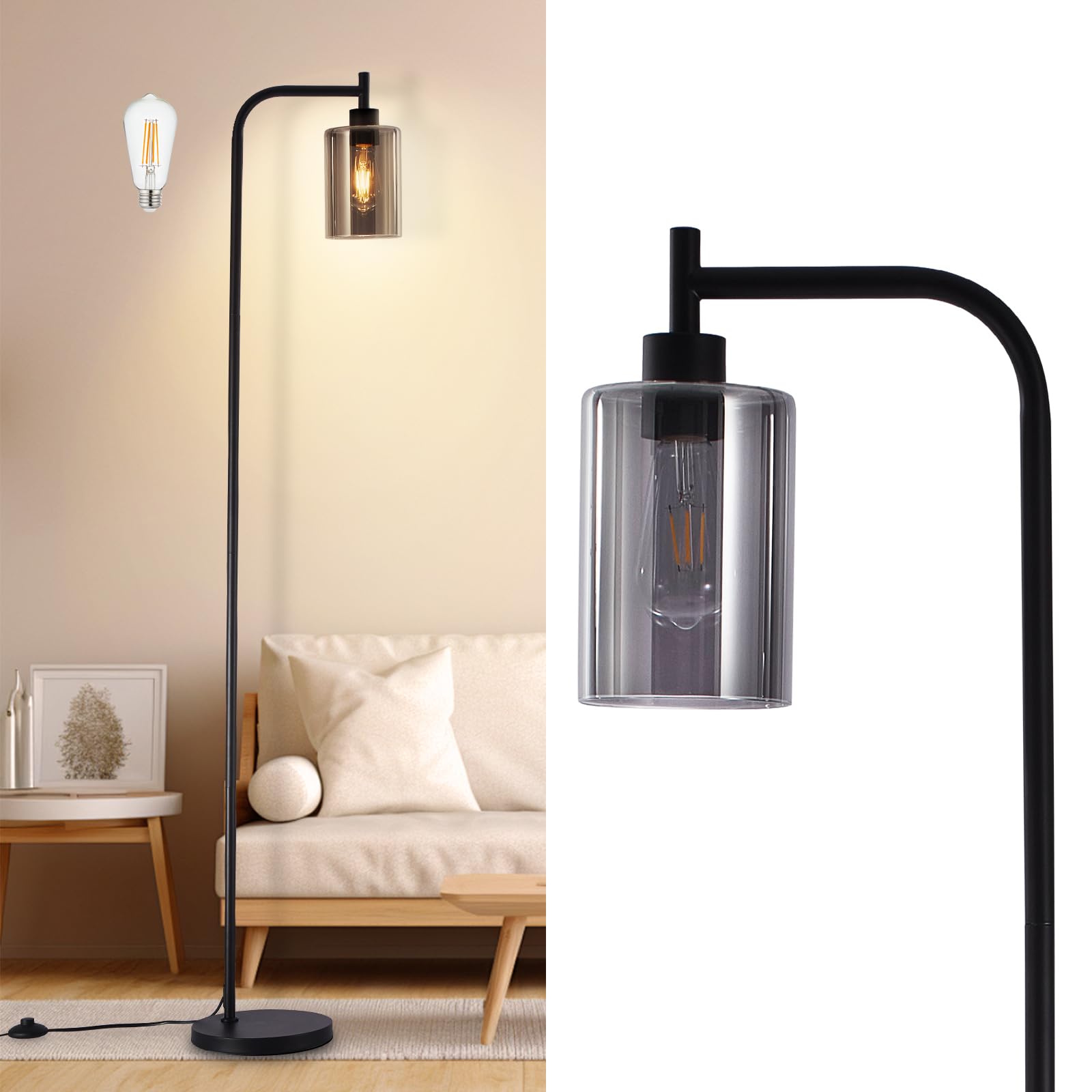 Photo 1 of DLLT Floor Lamp Tall for Room: Black Standing Lamp with Grey Glass Lampshade for Living Room - Modern Bright Lamp for Bedroom - Industrial Corner Floor Lamps for Office 8W Led Bulb Included
