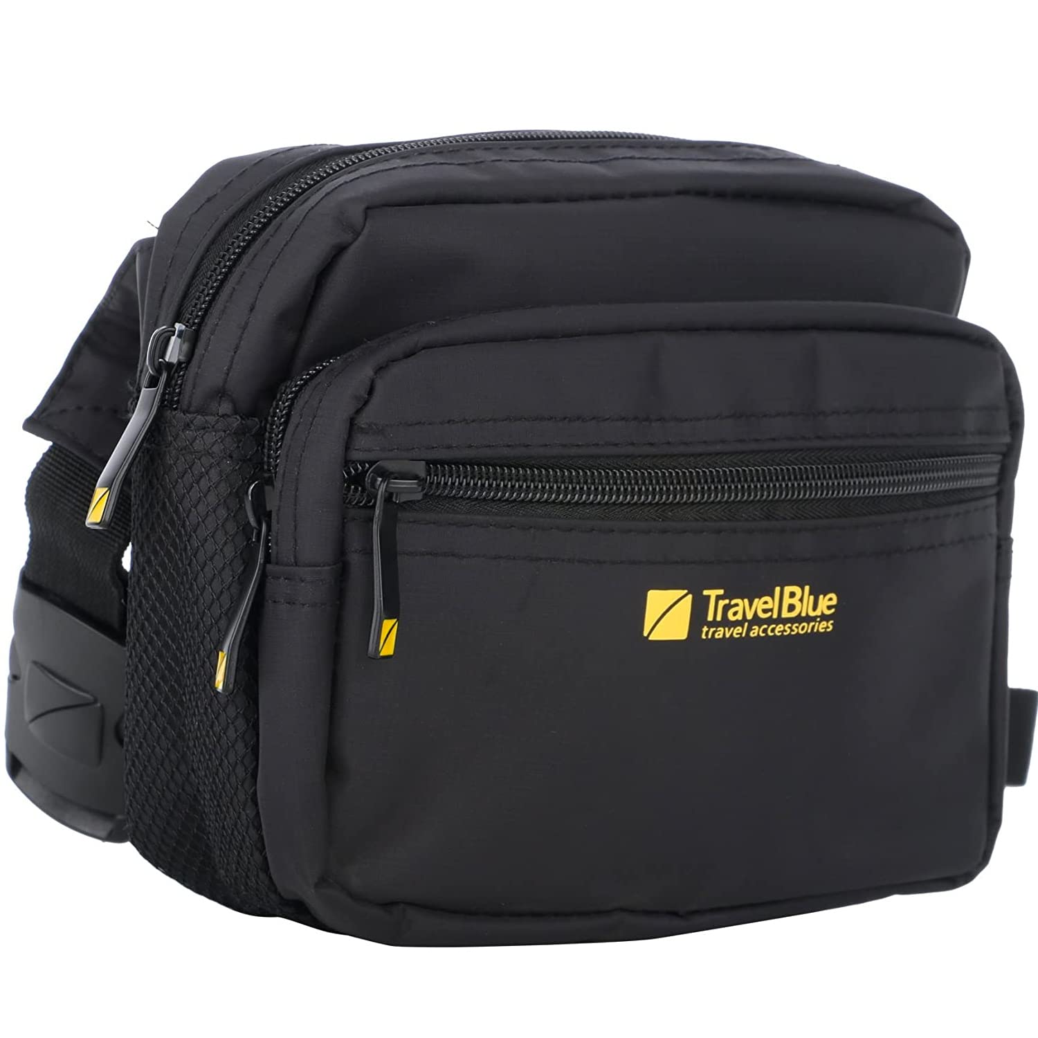 Travel Blue Waist Pouch - Stylish Waist Pack with 3 Zipped Compartments, Adjustable Strap for Comfortable Fit, Durable Nylon, Running Belt, Fanny Pack, Ideal for Travel & Essentials